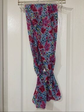 Blue Floral Scarf with Pink and Green Accents
